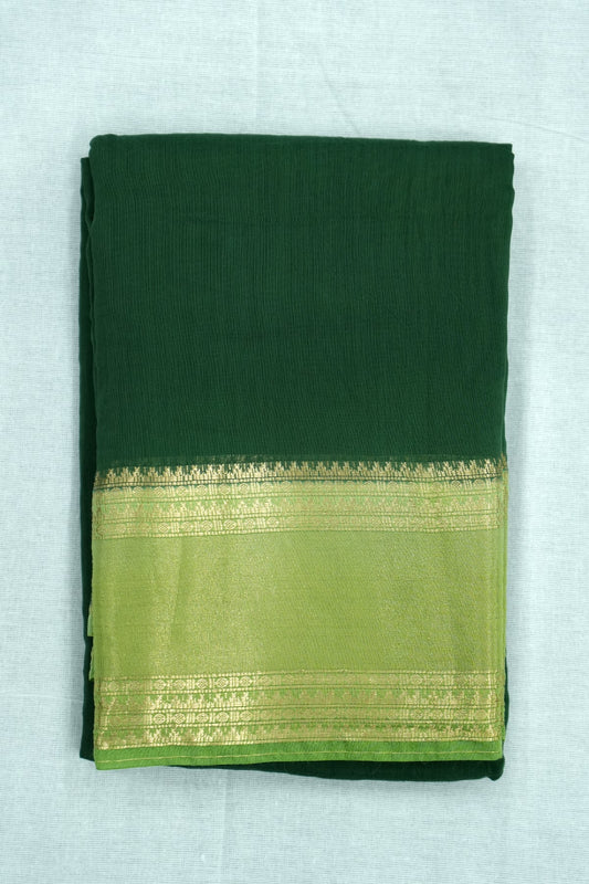 Mal Mal Cotton Saree – Dark Green Body with Green Border & Golden Work