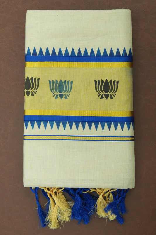 Set Saree – Blue with Golden Lotus Design