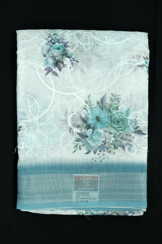 Christmas Collection Saree – Blue with Embroidery & Floral Digital Print