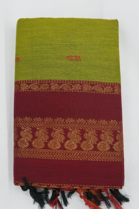 Kalyani Cotton Saree – Green with Red Border (08)