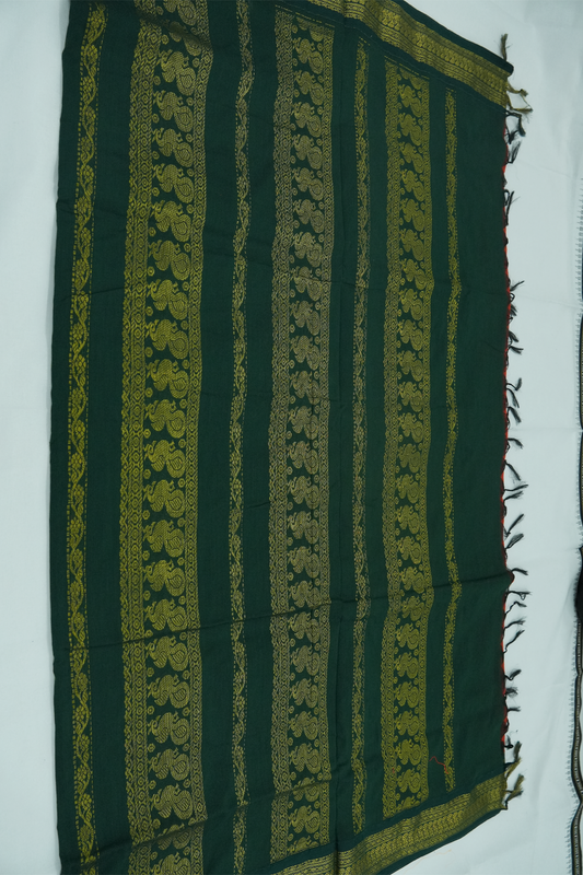 Kalyani Cotton Saree – Orange with Dark Green Border (01)