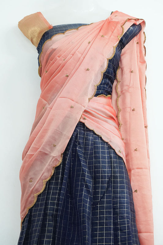 Organza Dhavani Set – Dark Blue & Pastel Coral