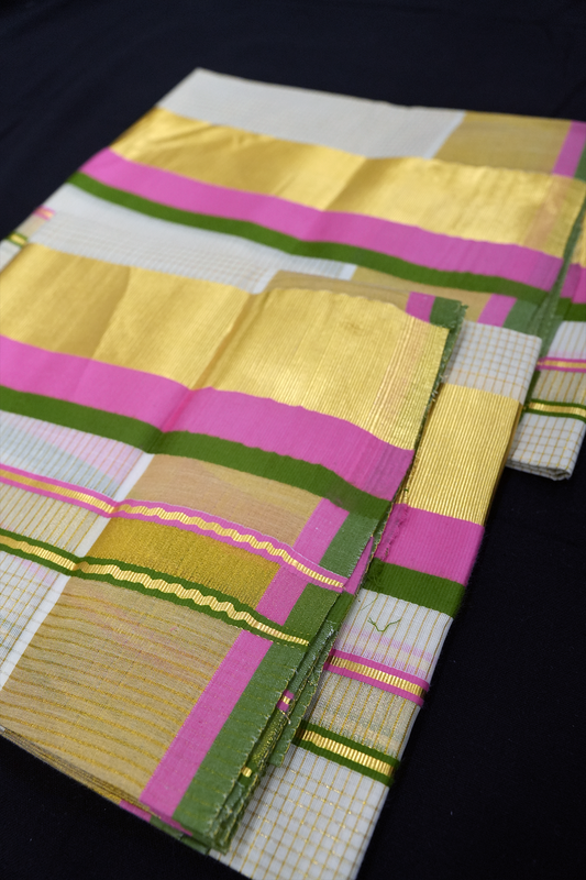Set Mundu – Baby Pink & Green with Golden Split Kara & Micro Checks
