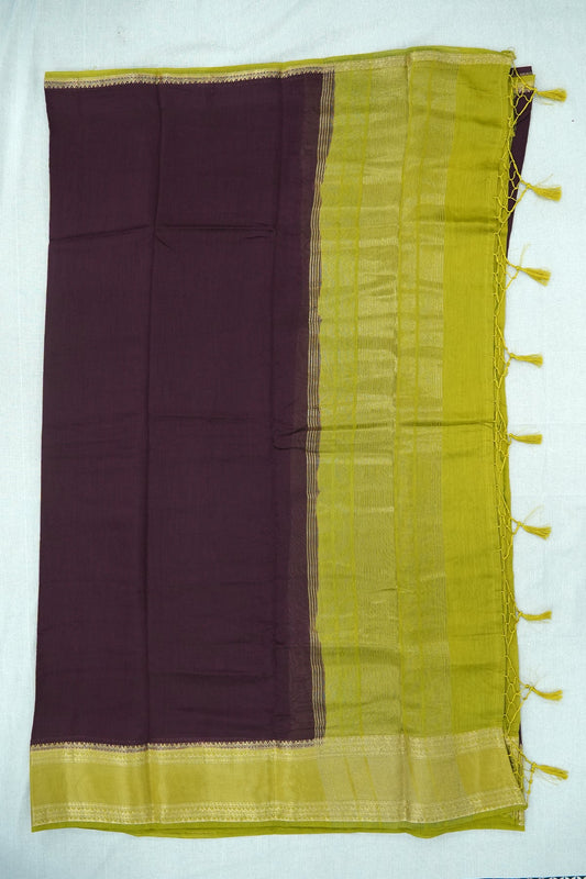Mal Mal Cotton Saree – Purple Body with Yellow Border & Golden Work