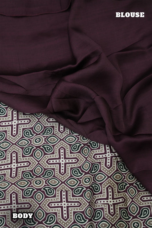 Modal Batik Saree – Deep Burgundy with Floral & Cross Motif Design