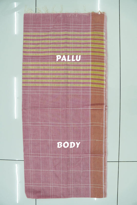 Cotton Saree – Deep Coral with Golden Zari Lines (#0020)