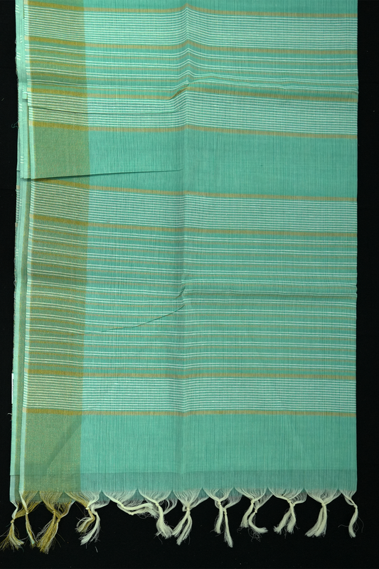 Cotton Saree – Cyan-Teal with Golden Zari Lines (#0021)