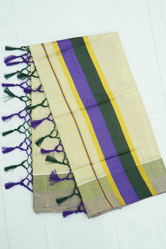 Dual Color Kara Set Saree – Violet & Dark Green | Golden Tissue