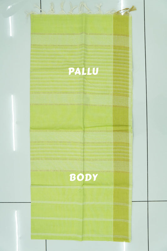 Cotton Saree – Lime Green with Golden Zari Lines (#0004)
