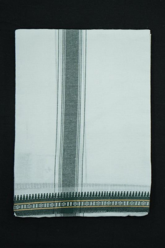 Single Dhothi (Kaily) – White with Dark Green Kara & Temple Borde