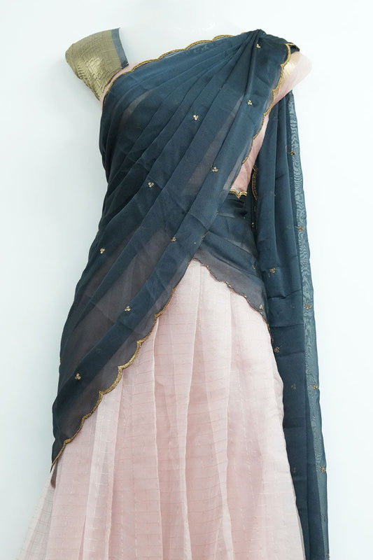 Organza Dhavani Set – Baby Pink & Dark Ash Blue