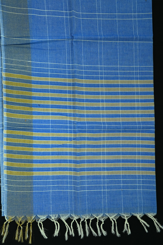 Cotton Saree – Bright Blue with Golden Zari Lines (#0014)