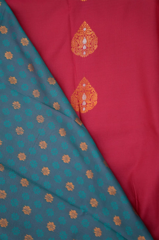 Soft Silk Saree with Copper Zari – Rani Pink and Teal Green