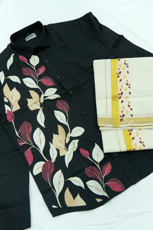 Floral Design Mens Combo (full sleeve Shirt + Double Dhothi)