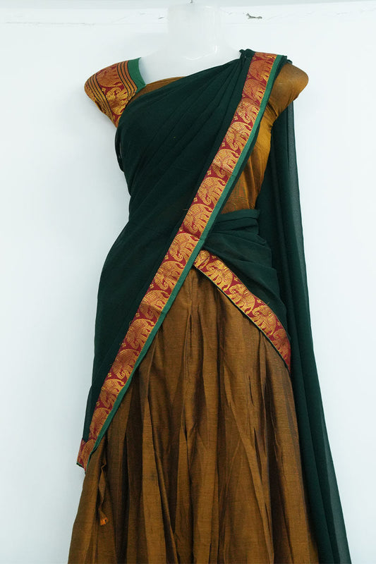 Narayanpet Cotton Dhavani Set – Mustard Brown Skirt + Bottle Green Shawl
