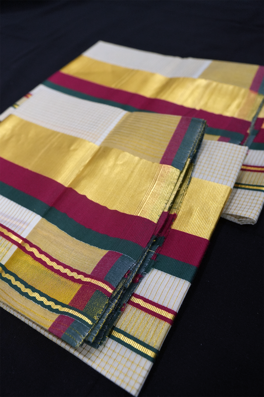 Set Mundu – Red & Green with Golden Split Kara & Micro Checks