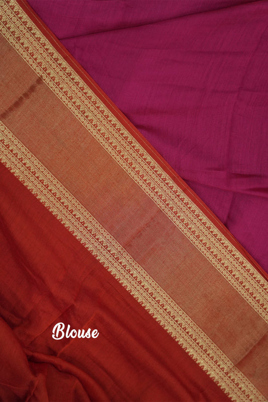 Mal Mal Cotton Saree – Rose Body with Red Border & Golden Work