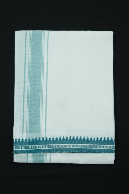 Single Dhothi (Kaily) – White with Light Green Kara & Temple Border