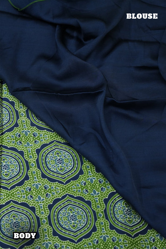 Modal Batik Saree – Royal Blue with Green motif Accents