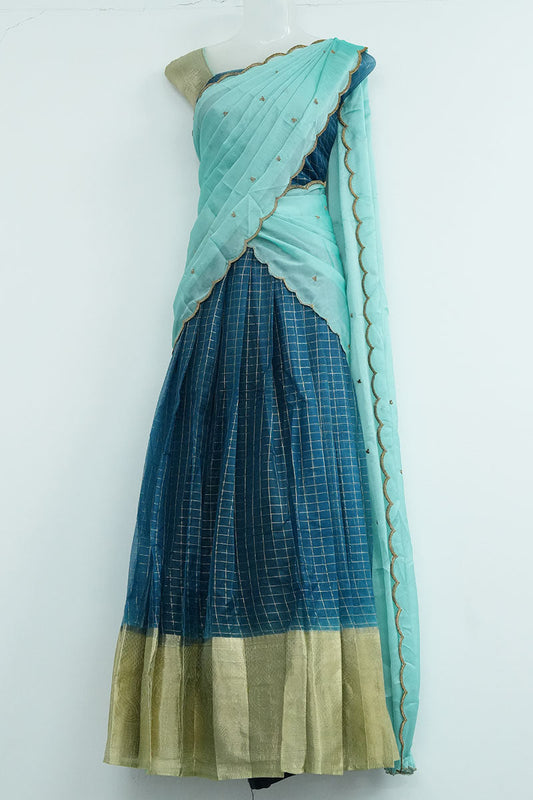 Organza Dhavani Set – Sapphire Blue & Pastel Cyan
