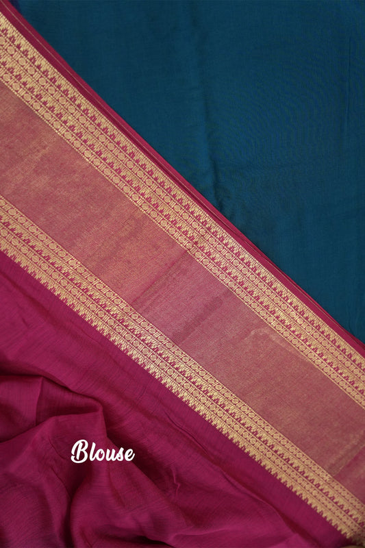 Mal Mal Cotton Saree – Teal Blue Body with Rose Border & Golden Work