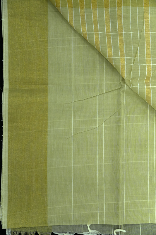 Cotton Saree – Light Olive Green with Golden Zari Lines (#0013)