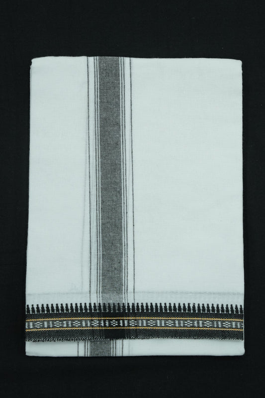 Single Dhothi (Kaily) – White with Black Kara & Temple Border