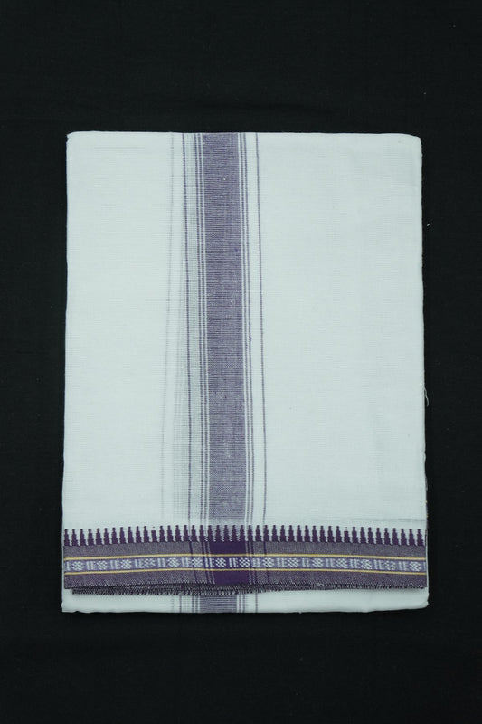 Single Dhothi (Kaily) – White with Purple Kara & Temple Border