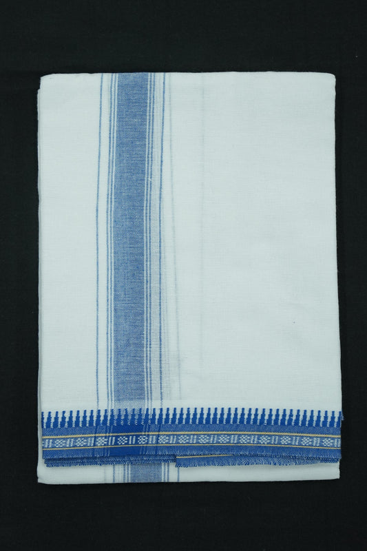 Single Dhothi (Kaily) – White with Blue Kara & Temple Border