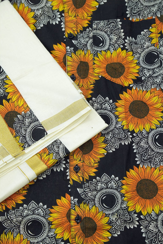Black Theme Full Sleeve Shirt & Double Dothi Combo – White & Color Sunflower Print