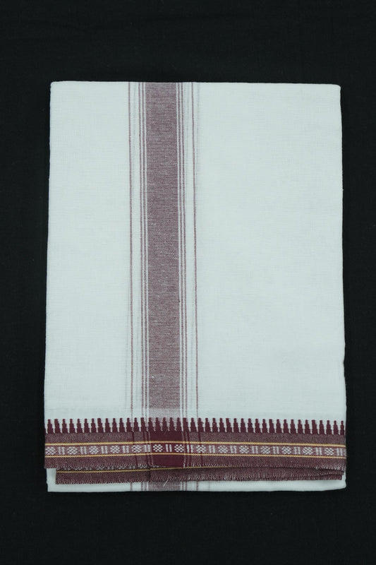 Single Dhothi (Kaily) – White with Maroon Kara & Temple Border