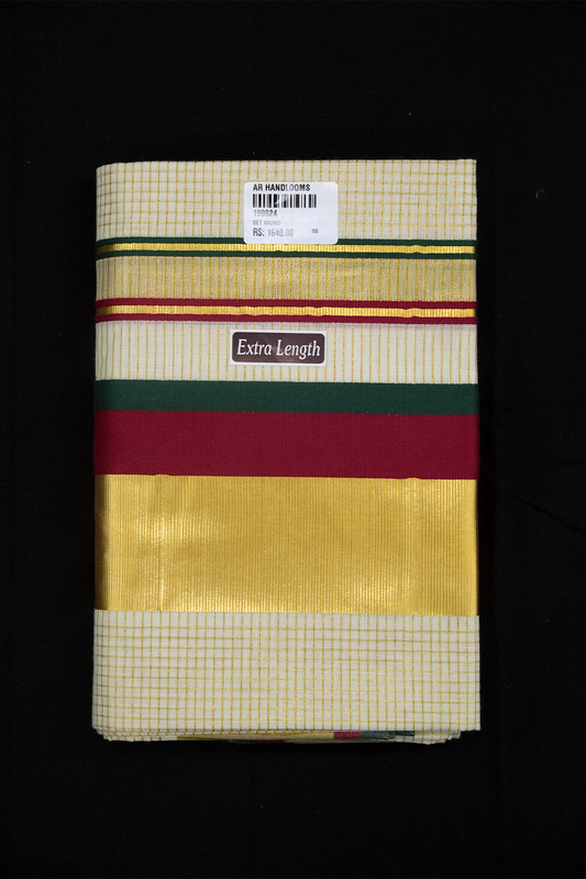 Set Mundu – Red & Green with Golden Split Kara & Micro Checks