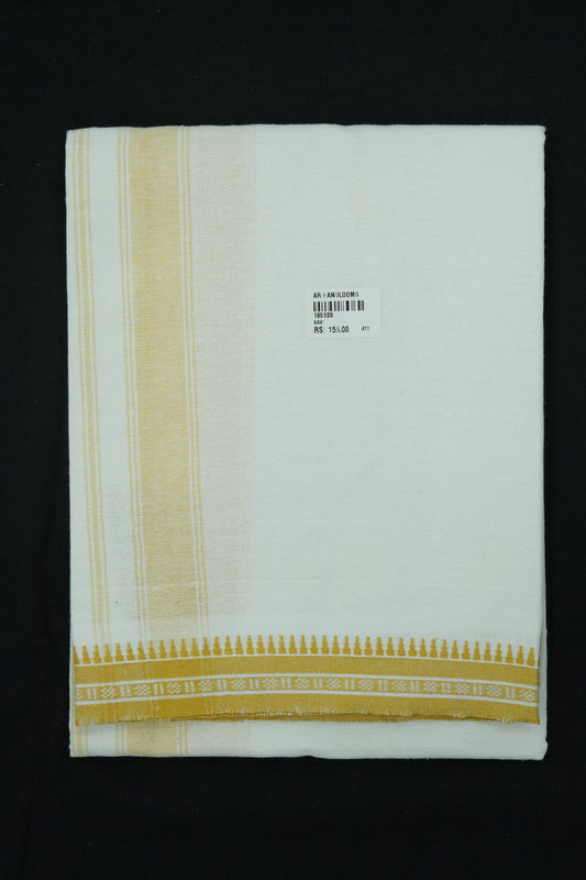 Single Dhothi (Kaily) – White with Yellow Kara & Temple Border