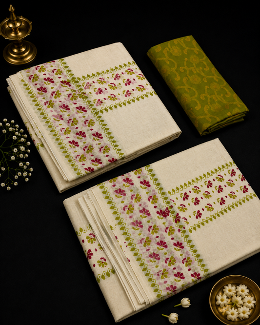 Block Printed Set mund dual color (with blouse) lime and rose