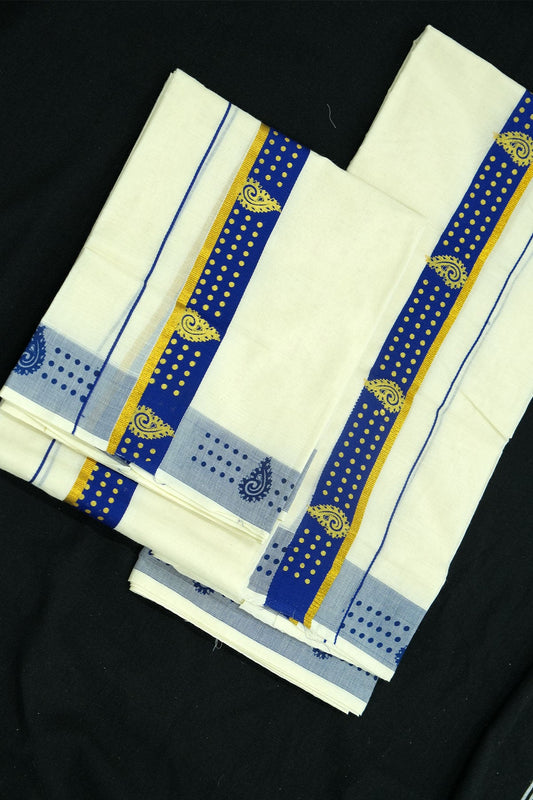 Set Mundu – Bold Blue Grace with Golden Accents