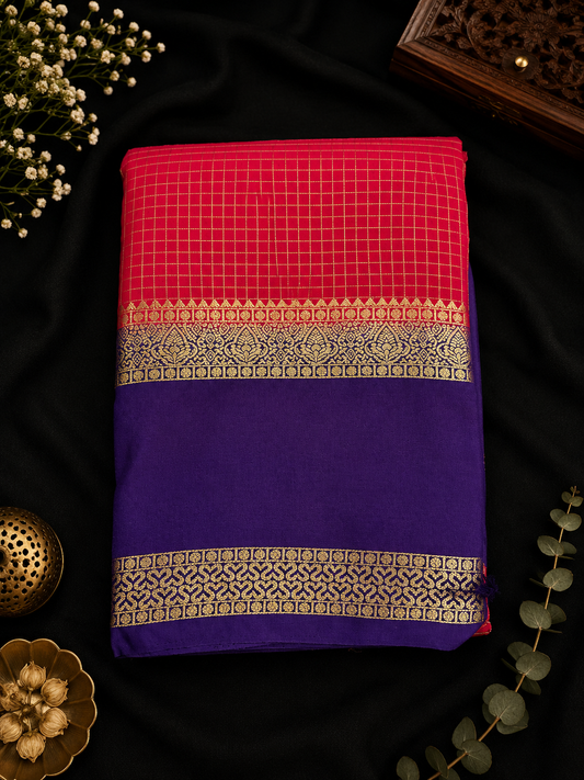 Premium crepe silk saree micro checks - Rani Pink & Indigo shade