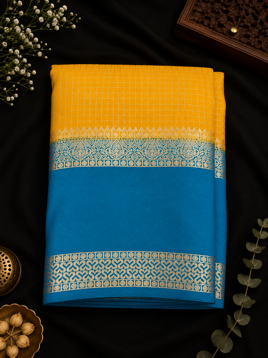 Premium crepe silk saree micro checks - Yellow & Cyan