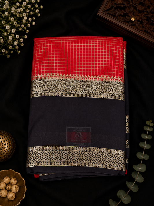 Premium crepe silk saree micro checks - Red & Black
