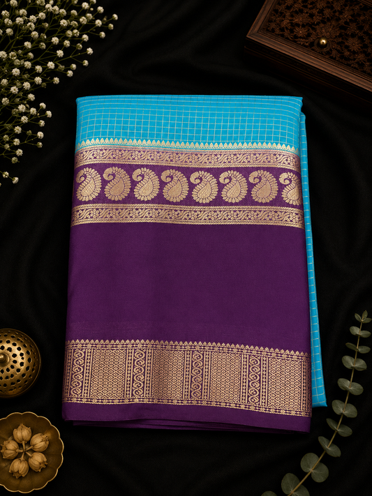 Premium crepe silk saree micro checks - cyan & violet