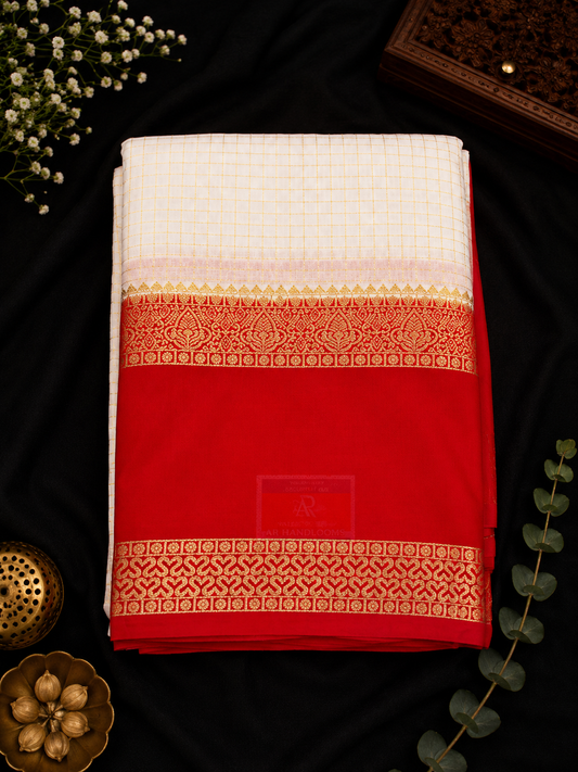 Premium crepe silk saree micro checks - White & red
