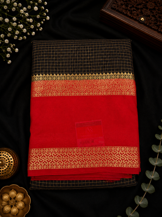 Premium crepe silk saree micro checks -  black and red
