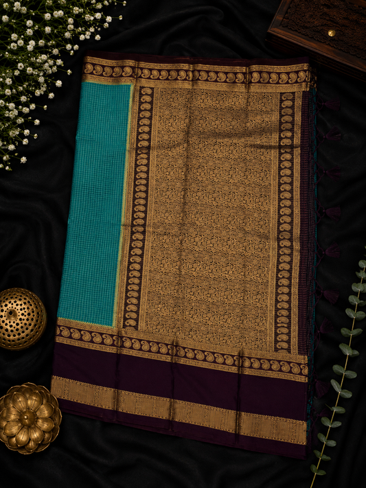Premium crepe silk saree micro checks - cyan & violet