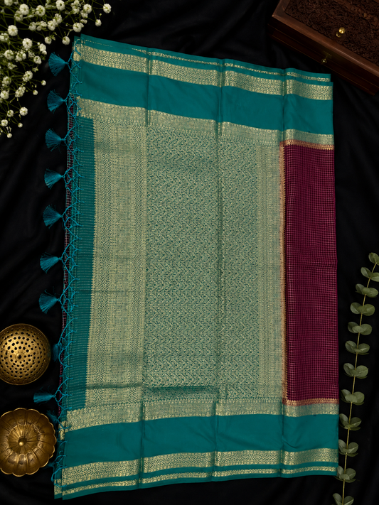 Premium crepe silk saree micro checks - Violet & Cyan