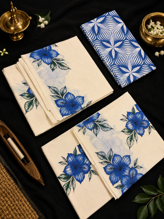 Hibiscus Print Set Mund (with Blouse) - Blue