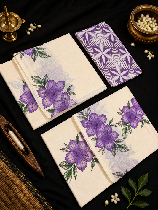 Hibiscus Print Set Mund (with Blouse) - lavender shade