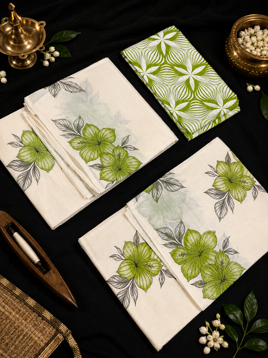Hibiscus Print Set Mund (with Blouse) - lime green
