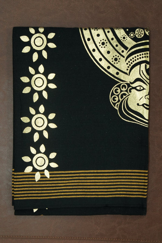 Golden Kathakali Print Single Dhothi – Black with Dark Yellow Border
