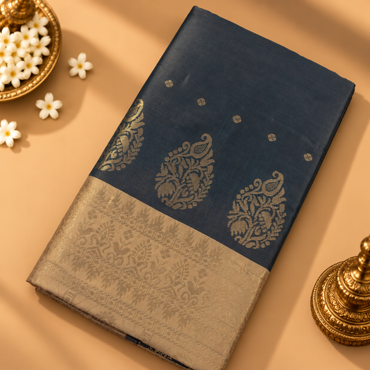 Charcoal Grey Soft Silk Saree with Gold Border | AR Handlooms