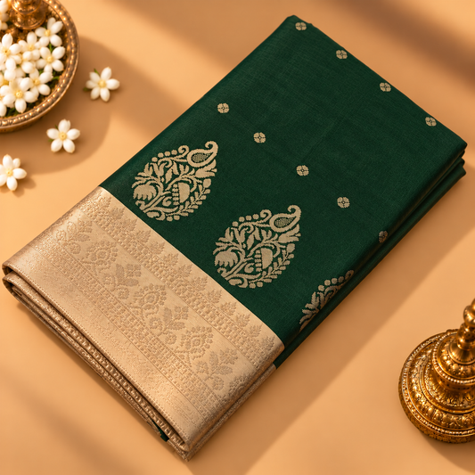 Bottle Green Soft Silk Saree with Gold Border | AR Handlooms