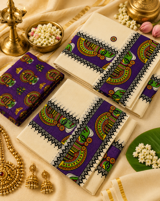 ONAM SET MUND KATHAKALI PRINT with Blouse - purple